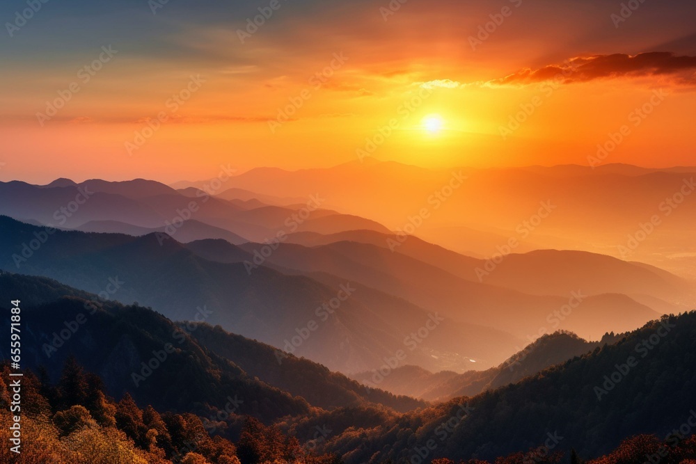 A breathtaking sunrise over the majestic mountains. Generative AI