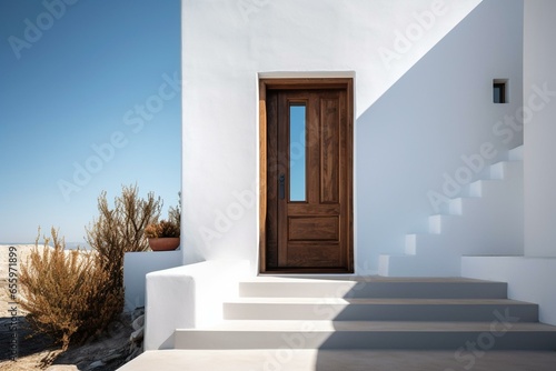 Minimalistic house with wooden door  white walls  steps  glass window  sunlit against blue sky. Generative AI