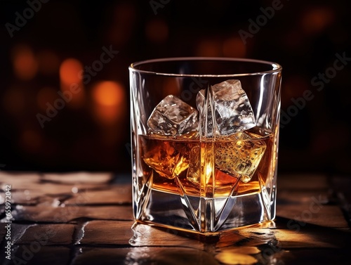 glass of whiskey with ice cubes on a table, flame in blurry background