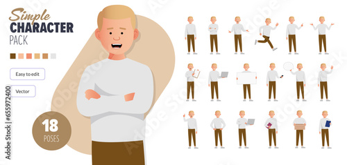 Simple flat male vector character in a set of multiple poses. Easy to edit and isolated on a white background. Modern trendy style character mega pack with lots of poses.