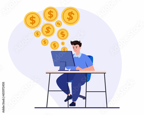 freelancer works on laptop and receives salary or profit Passive income