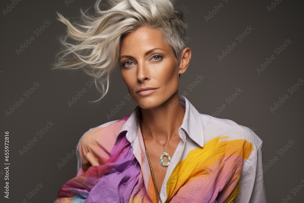 Portrait of a beautiful blonde woman with flying hair over grey background