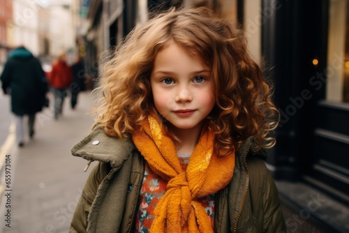 Cute little girl with curly hair in yellow scarf on the street