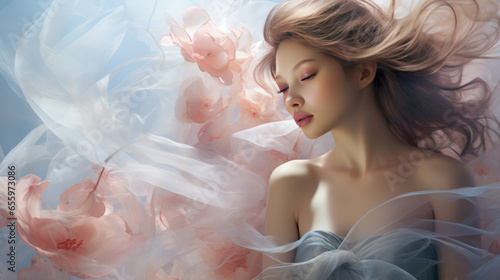  Portrait of a blonde woman in a flowing cloudlike flowery smoke