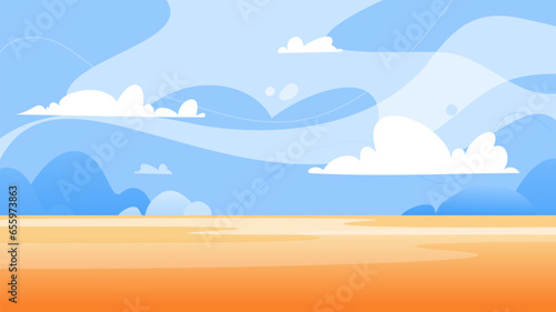 Blue sky with fluffy clouds and sand wasteland in hot sunny day Desert panoramic landscape, sand dunes with sunlight. Vector illustration of minimal cartoon nature
