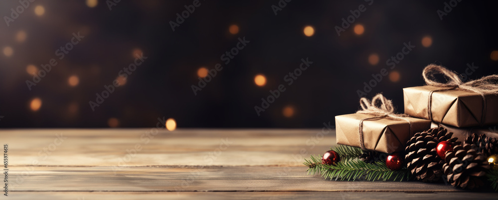 Wrapped Christmas gifts on dark rustic wooden table - banner with copy space
