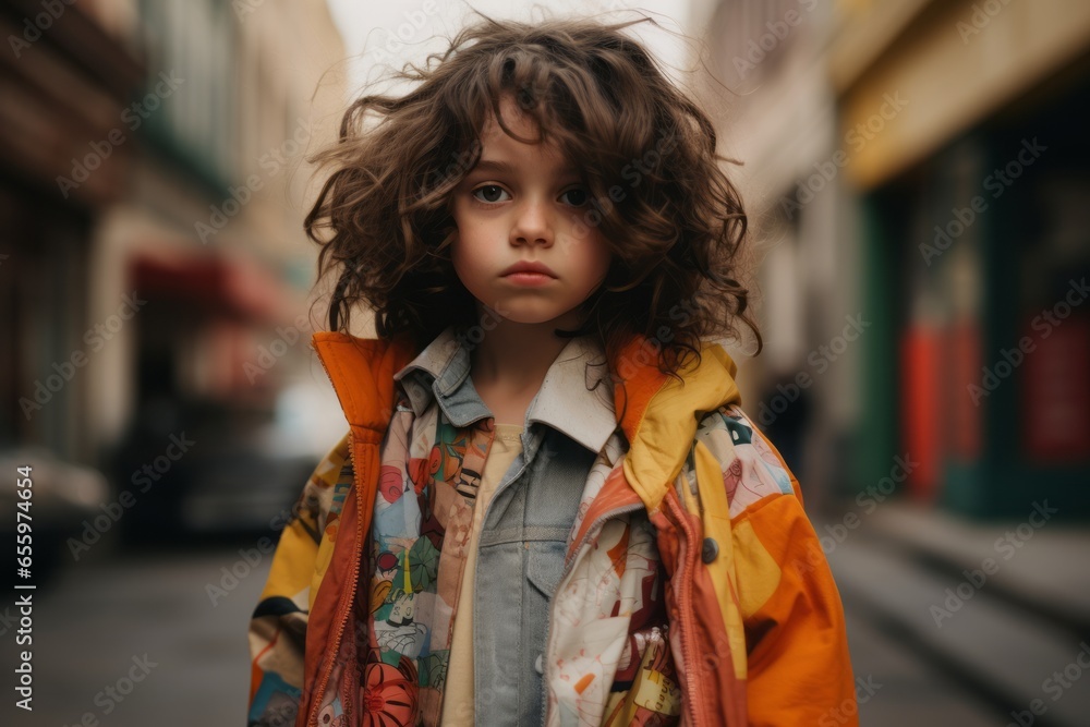 Portrait of a cute little girl with curly hair in a coat on a city street Portrait of a cute little girl with curly hair in a coat on a city street