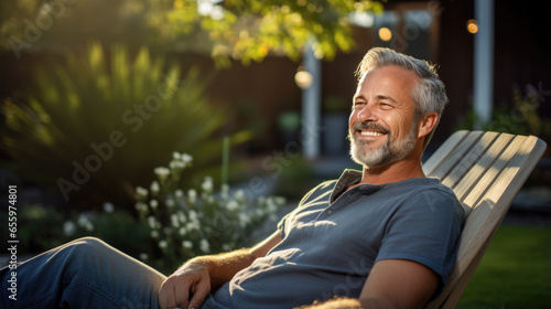 Relaxed man sits in a chair in the backyard of his home #655974801