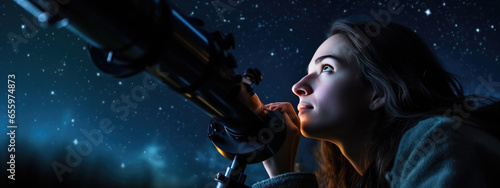 Foto Astronomer looks at the night sky through a telescope