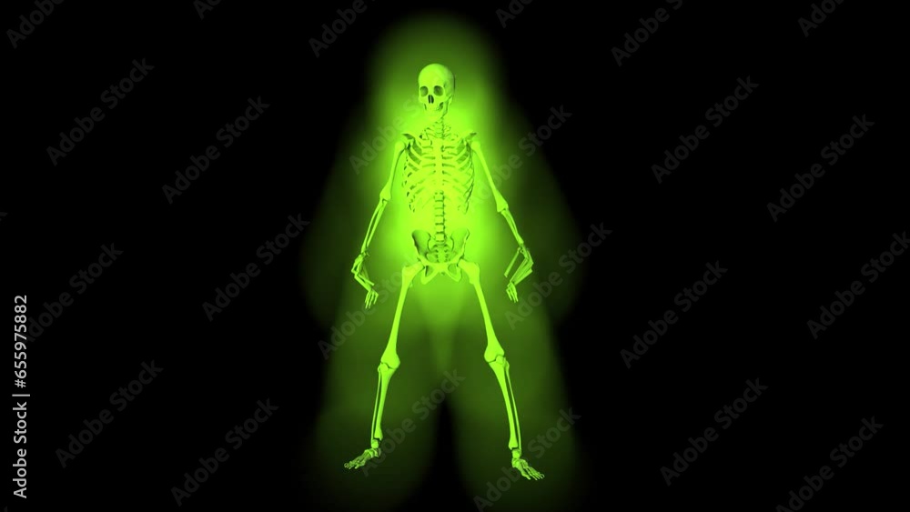 Green neon skeleton zombie looks around. Creepy skeleton with long