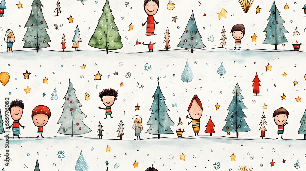 children playing with toys christmas wrapping paper, seamless pattern