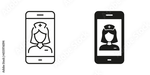 Healthcare in Mobile Phone Symbol Collection. Physician Online Consultation. Virtual Doctor Woman Pictogram. Medical Service in Smartphone Line and Silhouette Icon Set. Isolated Vector Illustration