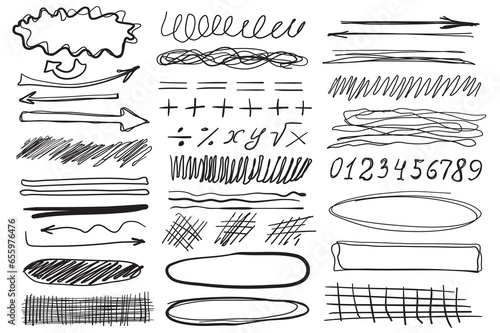 Doodle objects mega set in flat cartoon design. Bundle of ink line arrows, numbers, plus, equal, division, grids, handwritten textures and other shapes. Vector illustration isolated graphic symbols