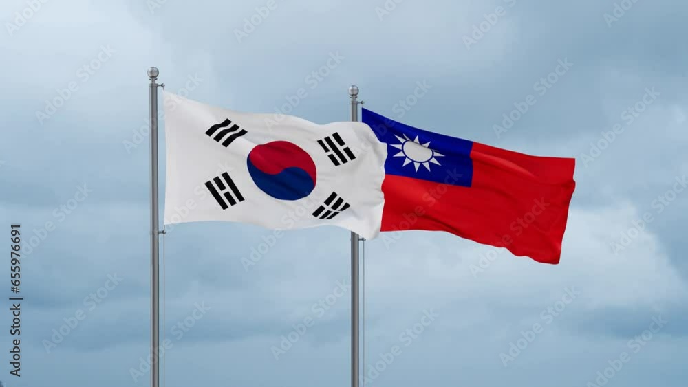 Taiwan and South Korea flag waving together on cloudy sky, endless seamless loop, two country cooperation concept Taiwan and South Korea flag waving together on cloudy sky, endless seamless loop, two country cooperation concept