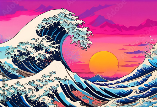 Foto Inspired on the The Great Wave off Kanagawa with a sunset background