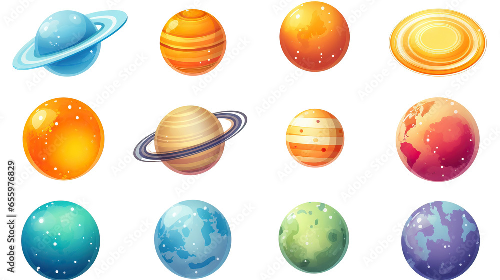 Collection set of fictional 3d cartoon planets isolated on transparent or white background Collection set of fictional 3d cartoon planets isolated on transparent or white background