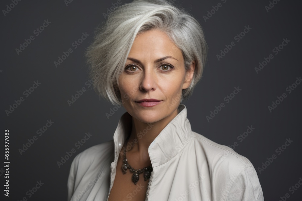 Portrait of a beautiful middle-aged woman with short white hair.