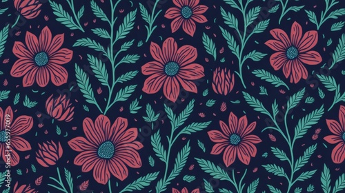 seamless pattern of pink blossoms on navy