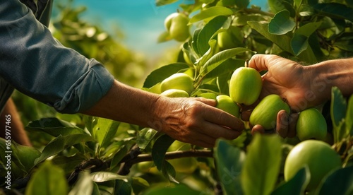 hands holding pear, pears on tree, close-up of hand picking pears, pears in the garden, harvest for pears