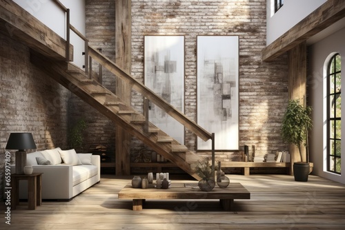 modern industrial entrance hall with light natural materials with modern art on the walls