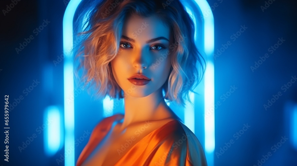 Beautiful young woman hipster with stylish hair under  futuristic neon lighting on tech style background, with copy space.