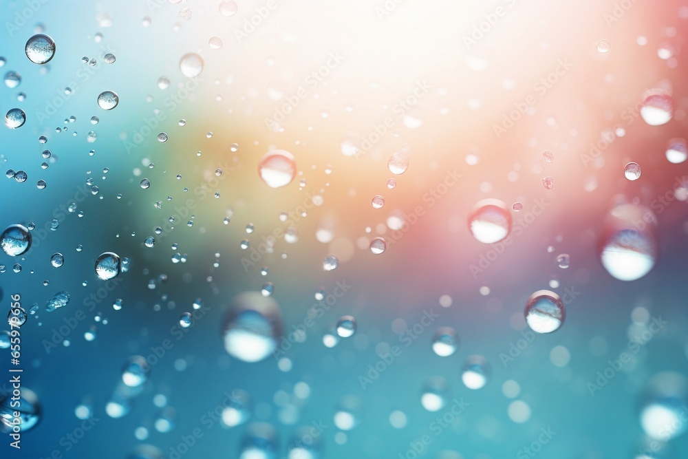 abstract rain drops with sun lights from above, beautiful water background with copy space for products or text. Created with generative AI tools