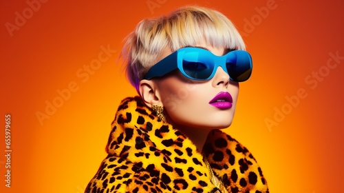 Fashion young female hipster with short elf blonde hairstyle, wearing stylish sunglasses and leopard print jacket under neon light in studio, with copy space.
