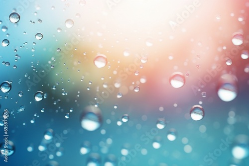 abstract rain drops with sun lights from above  beautiful water background with copy space for products or text. Created with generative AI tools