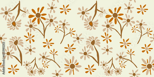 Seamless pattern with daisy flower hand-drawn plants  simple small flowers. Flowers Branches and Leaves Repeating Seamless pattern hand-drawn with tropical leaves. floral seamless pattern with leaves