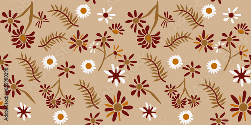 Seamless pattern with daisy flower hand-drawn plants, simple small flowers. Flowers Branches and Leaves Repeating Seamless pattern hand-drawn with tropical leaves. floral seamless pattern with leaves © narrn