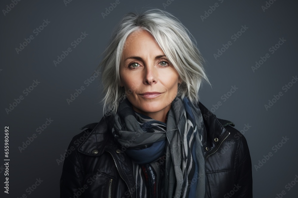Portrait of a beautiful middle-aged woman in a black leather jacket and scarf. Portrait of a beautiful middle-aged woman in a black leather jacket and scarf.