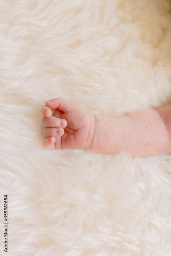 Adorable chunky newborn arm and hand curled up showing off all the tiny fingernails. Adorable chunky newborn arm and hand curled up showing off all the tiny fingernails.