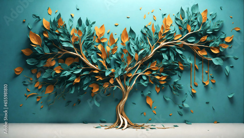 Fototapeta Naklejka Na Ścianę i Meble -  Modern 3D Tree Abstraction Leaves With Hanging Branches Illustration Background image Wallpaper