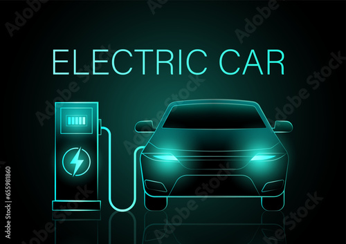 Modern Futuristic Electric Car or EV car Charging at a Charging Station. Neon Glowing Electric Car on Dark Background. Futuristic Electric Vehicle Concept. 