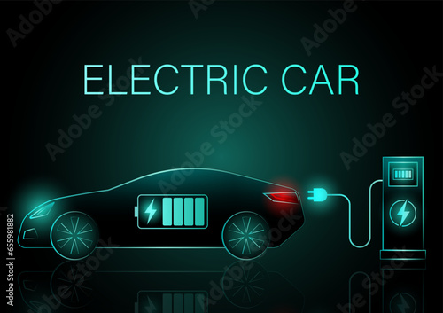 Modern Futuristic Electric Car or EV car Charging at a Charging Station. Neon Glowing Electric Car on Dark Background. Futuristic Electric Vehicle Concept. 