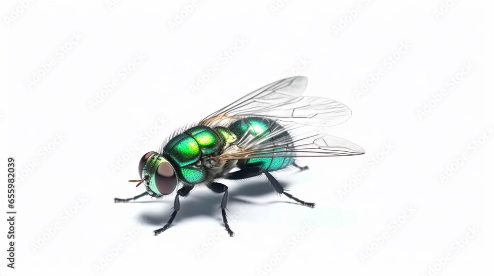 ommon green bottle fly standing on isolation on white.Generative AI ommon green bottle fly standing on isolation on white.Generative AI
