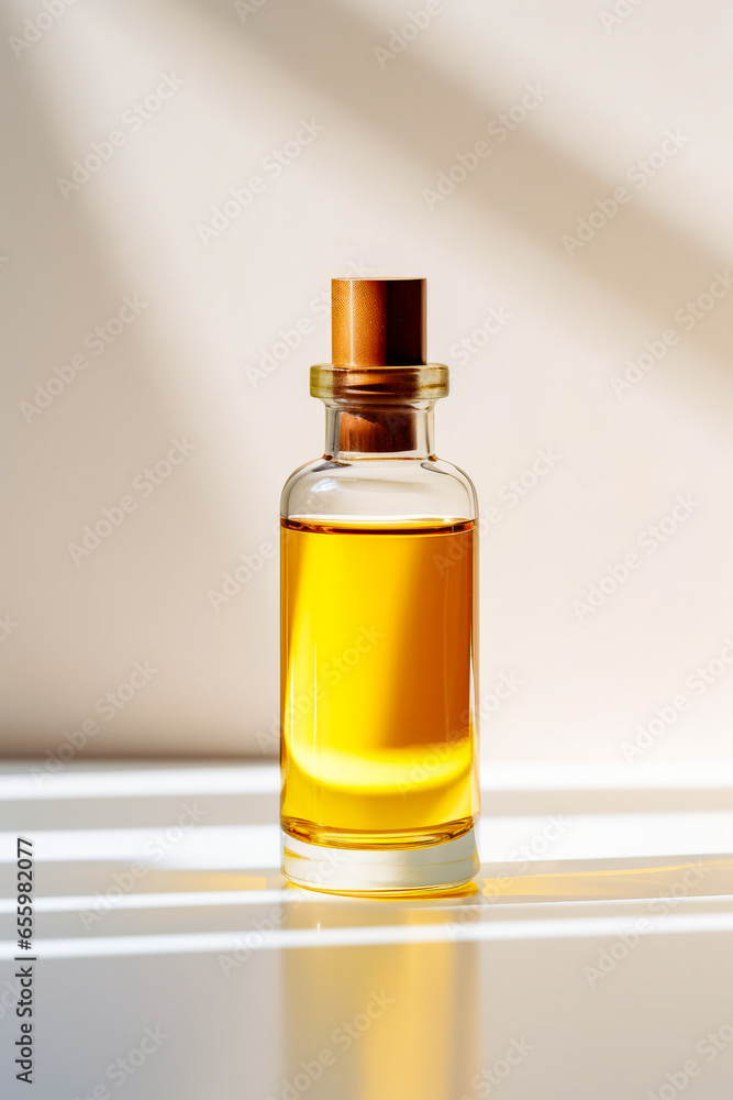 Bottle of oil sitting on table with shadow. Bottle of oil sitting on table with shadow.