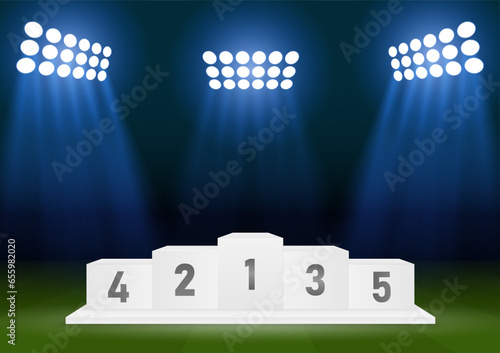 Sport Winner Podium for Five Places on Soccer Field With Spotlights in Stadium or Sport Arena. Pedestal Sport Podiums. Podium Winner Stand. Vector Illustration.