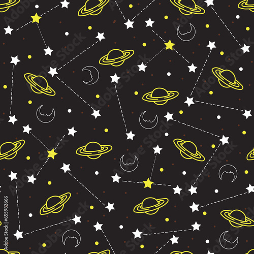 Astral seamless surface pattern. Mystic astronomical objects. Planets, stars, moon in space. Allover print celestial textured background