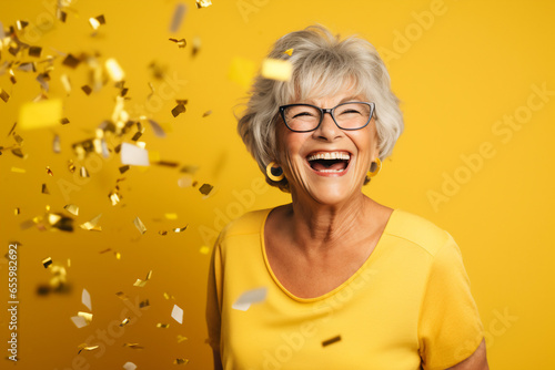 happy confident mature woman smiling to camera in confident posture at studio,golden confetti on background
