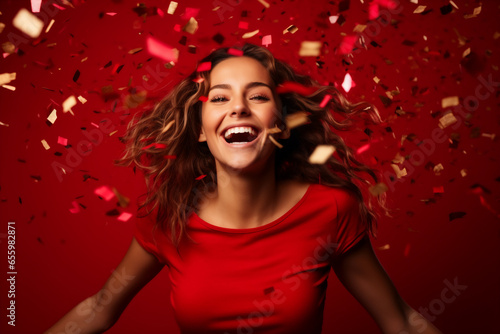 young happy beautiful confident woman dancing smiling to camera with golden confetti on red background. studio shot