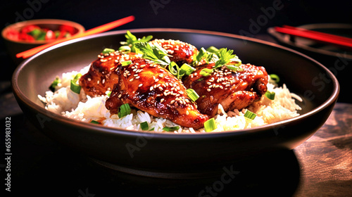 Marinated glazed sticky chicken thighs with seesame served with rice and coriander