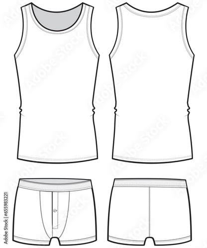 Men's Sleeveless tank top with underwear boxer brief design front and back view flat sketch fashion illustration, Gents trunk under garments cad drawing vector template mock up