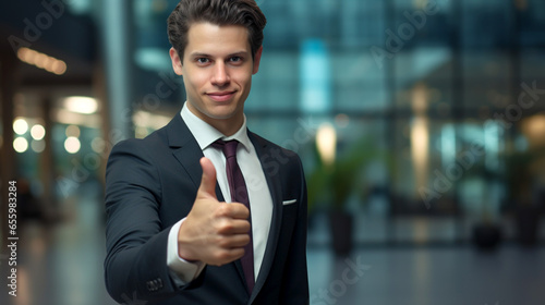 Young executive giving you thumbs-up. Gesture of approval or agreement in European and American cultures. Banner