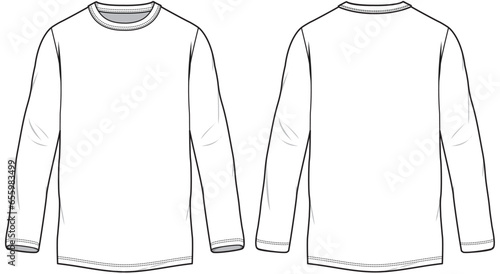 Men's long sleeve Crew neck T Shirt flat sketch fashion illustration drawing template mock up with front and back view photo