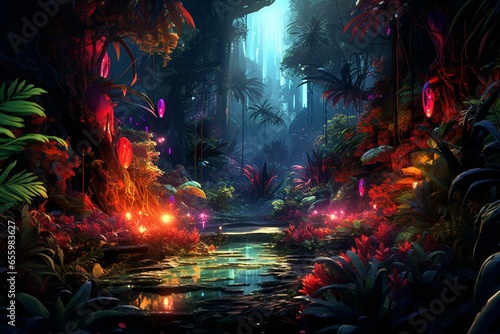 Captivating digital artwork of a vibrant neon jungle illuminated from within. Generative AI © Evadne