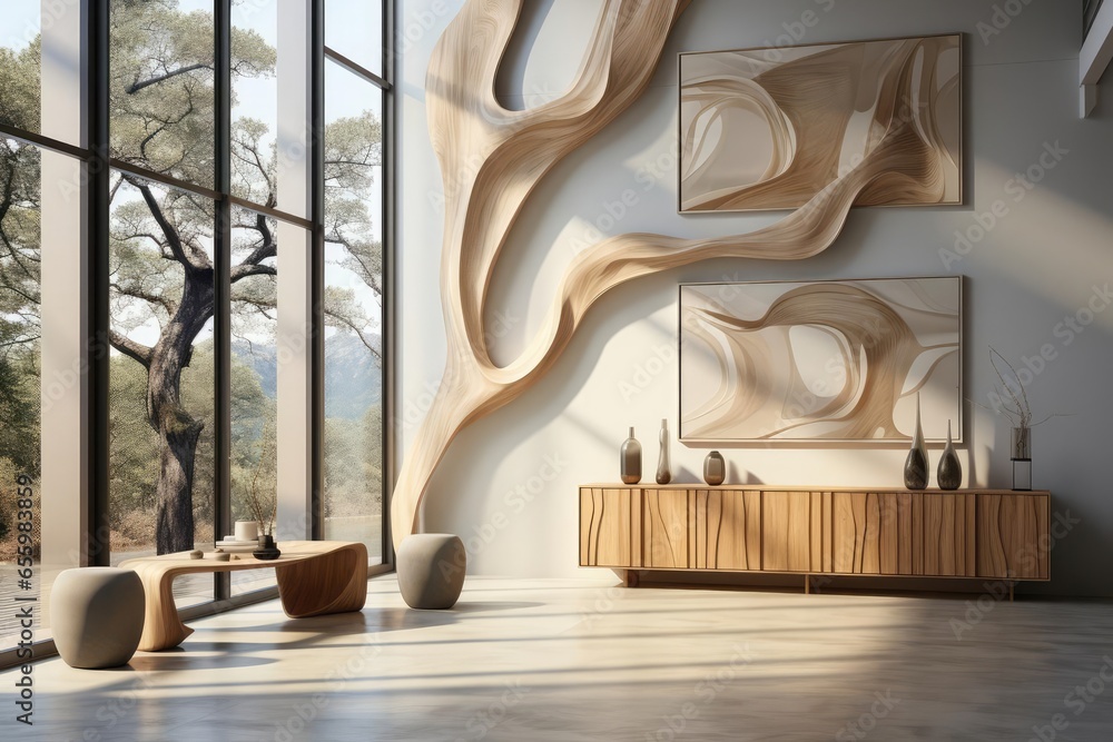 Fototapeta premium modern luxury hallway with light natural materials with modern art on the walls