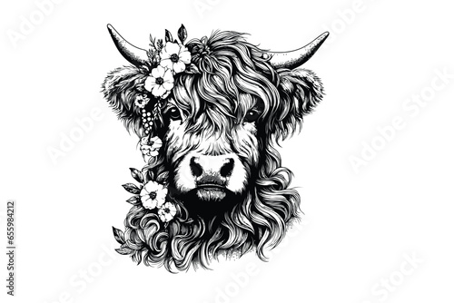 Highland Cow in Bloom: Majestic Floral Farm Animal - Vector Art