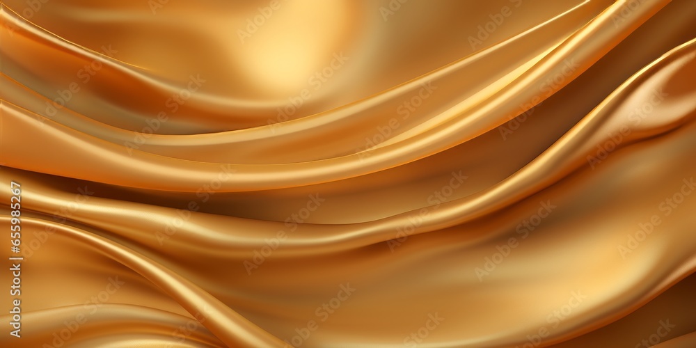 Fototapeta premium Silk golden cloth texture background, shiny satin curtain with waves and silver glitters and shine.