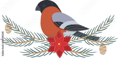 A bullfinch on a spruce branch. New Year illustration in flat style. Bird on a branch.